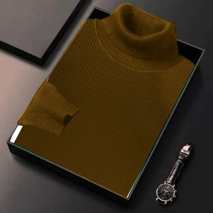 FASHLOOK Solid High Neck Casual Men Brown Sweater