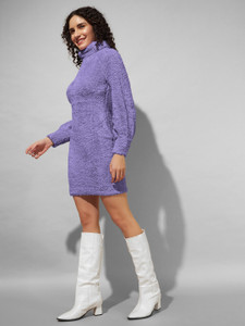 THE DRY STATE Woven Turtle Neck Casual Women Purple Sweater