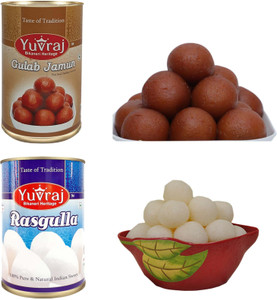 Yuvraj Food Product Sweets Rasgulla & Gulab Jamun 500 Gm mithai combo pack of 4 (500 Gm x 4 ) Tin pack Tin