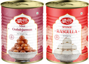 Bikaneri Shree Ganga Mini Gulab Jamun 1Kg & Rasgulla 1Kg Sweet Combo - Indulge in Rich Indian Flavors Tin