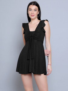 Kamz N-Gal Lycra Frock Style With Inner Short Padded One Piece Swimming Costume_Black Solid Women Swimsuit