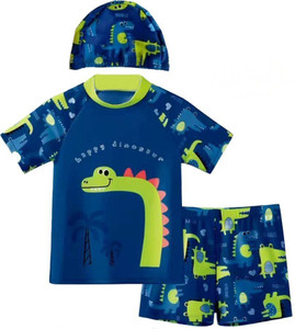 Lebami Swimwear Costume for Boys Three-Piece Swimsuit, T-Shirt Shorts and Cap Set Printed Boys Swimsuit