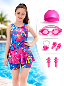 Aster Apparels Swimming Dress Kids Girls | Costume Set with Cap Goggles Plugs Printed Girls Swimsuit