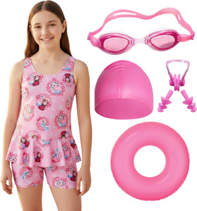 Lebami Swimming Costume for Girls With Kit Goggles, Cap, Tube, Ear Nose Clip Pink Printed Girls Swimsuit