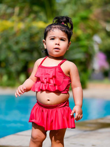 Cukoo Red Ruffle Style Baby Kids Swimwear 2 Piece Set Solid Girls Swimsuit