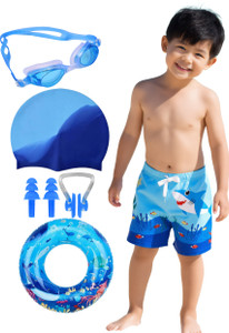 JMT Wear Boys 1 Swimming Short, 1 Anti Fog Goggle, 1 Silicone Cap, 1 NoseClip & 2 EarPlug Printed Boys Swimsuit
