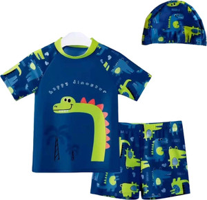 Lebami Swimwear Costume for Boys Three-Piece Swimsuit, T-Shirt Shorts and Cap Set Printed Boys Swimsuit