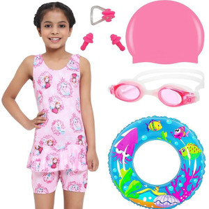 Lebami Swimming Costume for Girls With Kit Goggles, Cap, Tube, Ear Nose Clip Pink Floral Print Girls Swimsuit