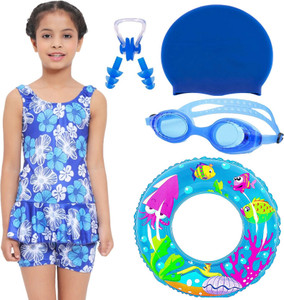 JMT Wear Swimming Costume for Girls With Kit Goggles, Cap, Tube, Ear Nose Clip Printed Girls Swimsuit