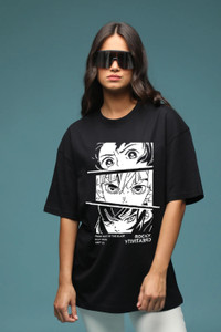 THALASI Printed Women Round Neck Black T-Shirt