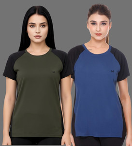 White Moon Colorblock Women Round Neck Multicolor T-Shirt