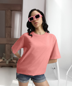 JUNEBERRY Solid Women Round Neck Pink T-Shirt