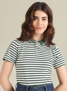 MACK JONNEY Striped Women Polo Neck Green T-Shirt