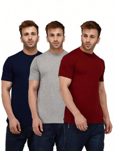 London Hills Solid Men Round Neck Dark Blue, Maroon, Grey T-Shirt
