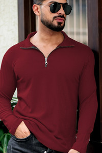 INDICLUB Self Design Men Polo Neck Maroon T-Shirt