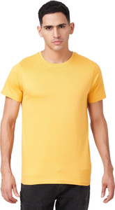 Zulements Solid Men Round Neck Yellow T-Shirt