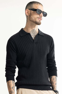Snitch Self Design Men Polo Neck Black T-Shirt
