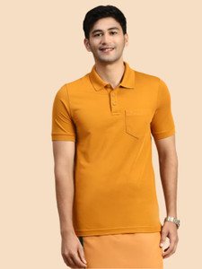 Ramraj Cotton Solid Men Polo Neck Yellow T-Shirt