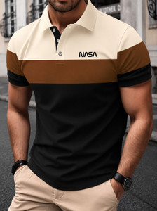STITCHROOT Colorblock Men Polo Neck Black, Beige, Brown T-Shirt