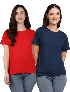 Adyavastram Solid Women Round Neck Red, Blue T-Shirt
