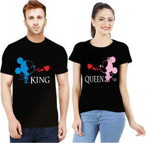 Uniplanet Store Graphic Print Couple Round Neck Black T-Shirt