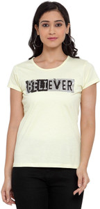 CANTABIL Printed Women Round Neck Yellow T-Shirt