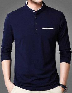 AUSK Solid Men Mandarin Collar Blue T-Shirt