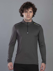 Sport Sun Solid Men Mandarin Collar Grey T-Shirt