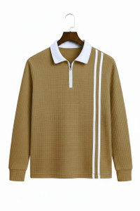Try This Striped Men Zip Neck Brown T-Shirt