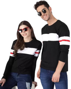 SELVIKE Striped Couple Round Neck White, Black T-Shirt