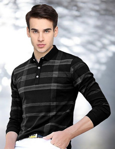 FAOES Checkered Men Polo Neck Black T-Shirt