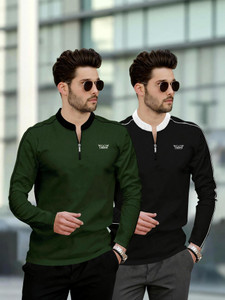 TRIPR Solid Men Mandarin Collar Dark Green, Black T-Shirt
