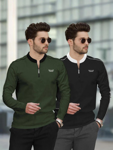 TRIPR Solid Men Mandarin Collar Dark Green, Black T-Shirt