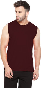 CHKOKKO Solid Men Round Neck Maroon T-Shirt