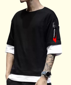 Preeo Colorblock Men Round Neck Black T-Shirt