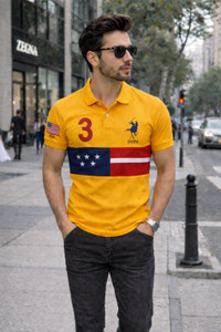 LATUKI Solid Men Polo Neck Yellow T-Shirt