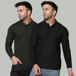 INKKR Solid Men Polo Neck Black, Dark Green T-Shirt