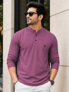 VeBNoR Self Design Men Mandarin Collar Purple T-Shirt