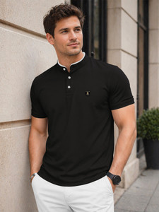 VeBNoR Solid Men Mandarin Collar Black T-Shirt