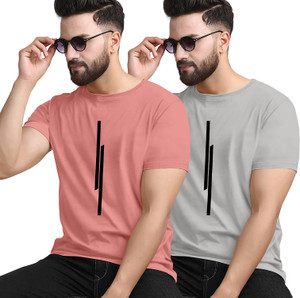 KAJARU Striped Men Round Neck Pink, Grey T-Shirt