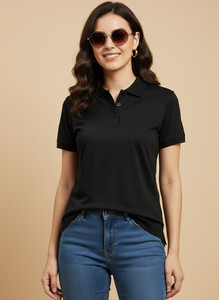 Neutrodry Solid Women Polo Neck Black T-Shirt