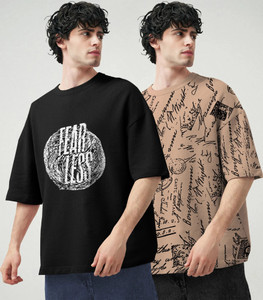 TRIPR Printed Men Round Neck Black, Beige T-Shirt