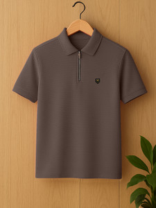 Yazole Solid Men Polo Neck Brown T-Shirt