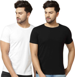 London Hills Solid Men Round Neck Black, White T-Shirt