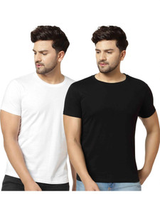 London Hills Solid Men Round Neck Black, White T-Shirt