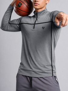 EyeBogler Solid Men Zip Neck Grey T-Shirt