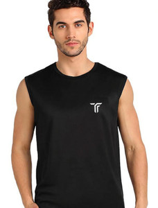 Think Tech Solid Men Round Neck Black T-Shirt