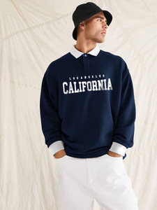Jump Cuts Printed Men Polo Neck Navy Blue T-Shirt