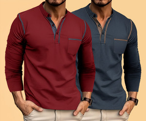 Reya Solid Men Mandarin Collar Maroon, Navy Blue T-Shirt