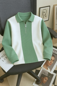 Try This Striped Men Zip Neck Light Green T-Shirt